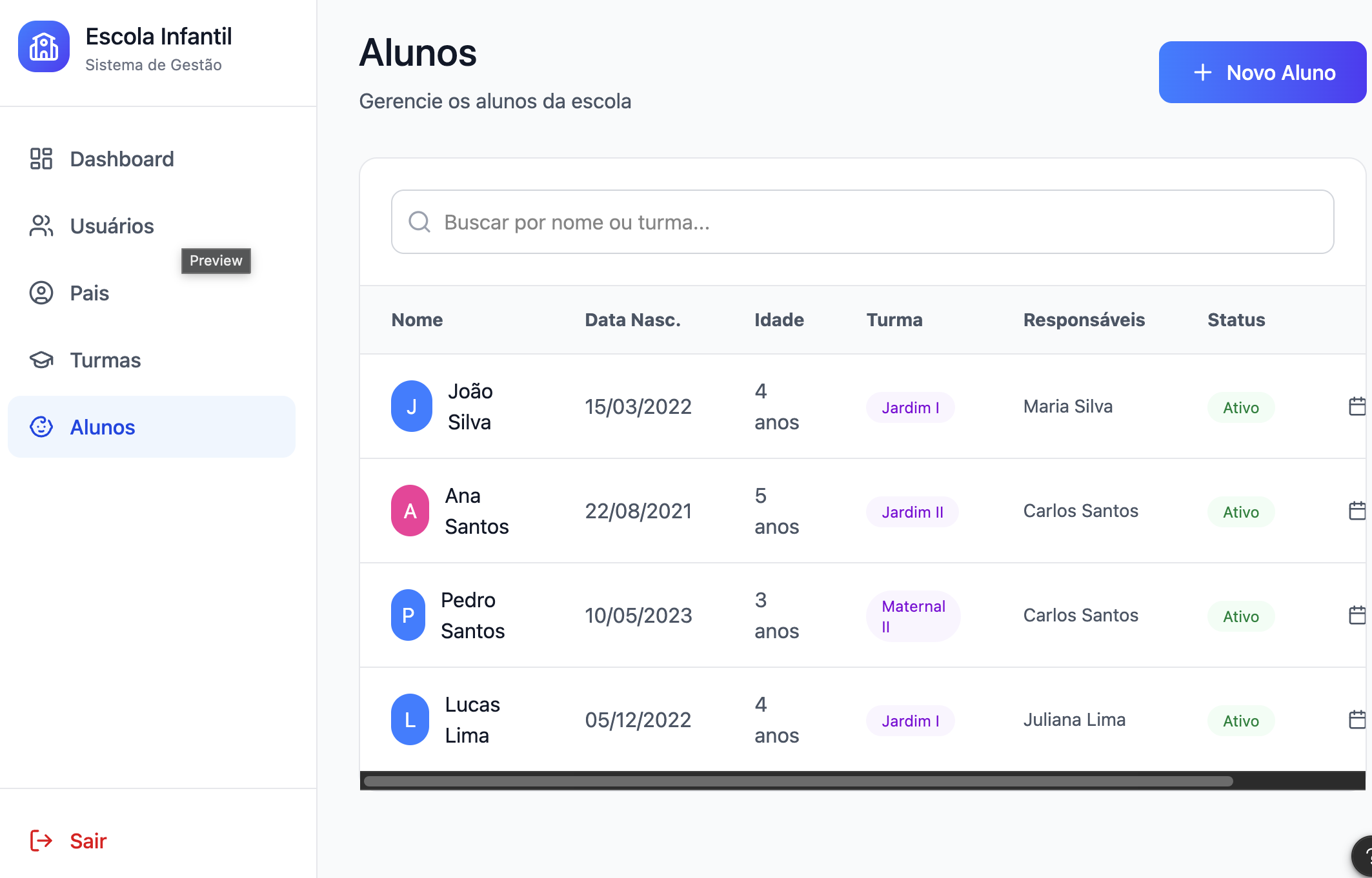 InfantiSys lista de alunos