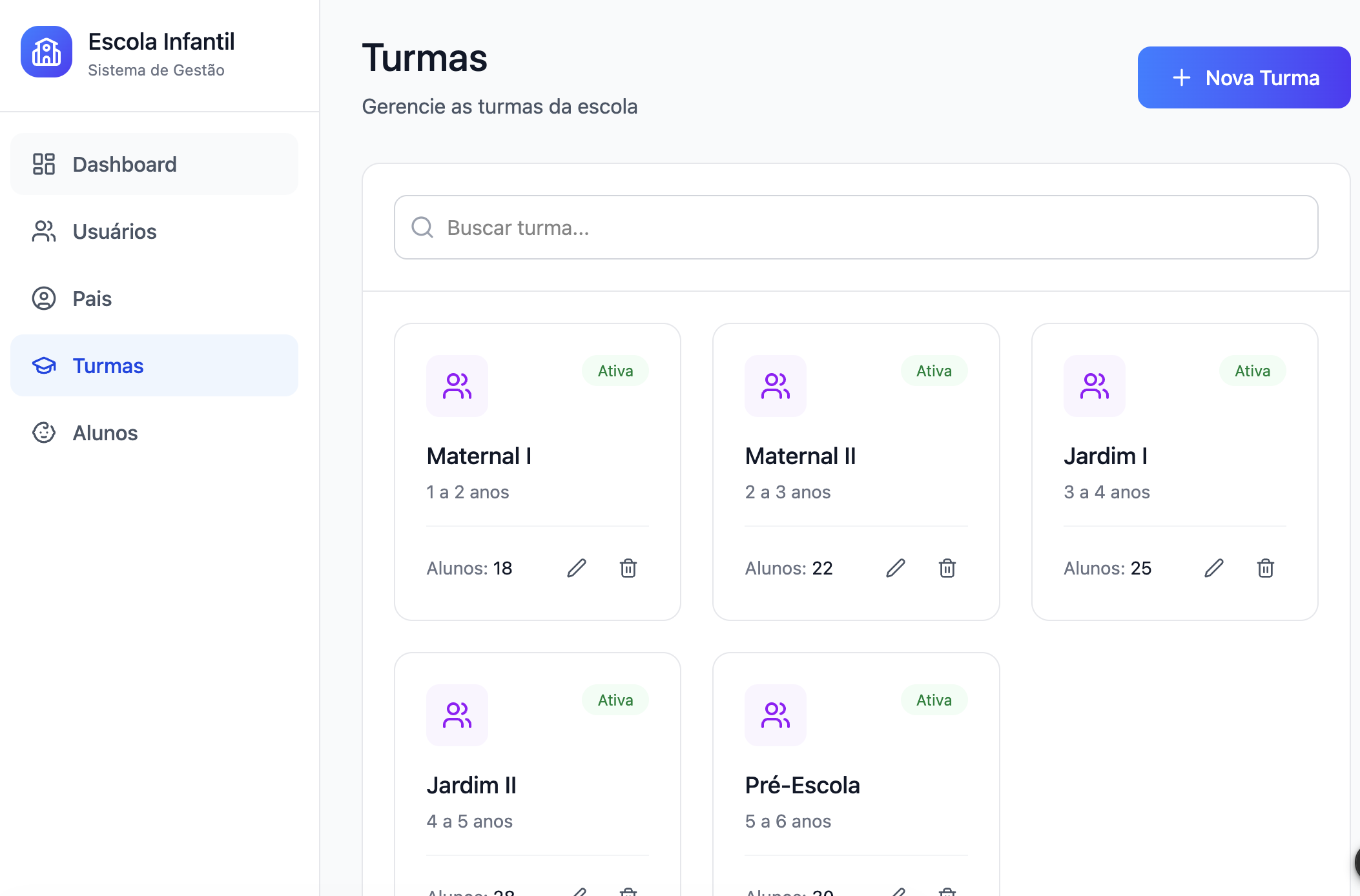 Tela de turmas